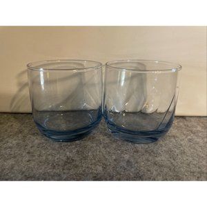 2 Vintage Blue Low Ball Glasses, One plain and on with Swirl Design  #1749